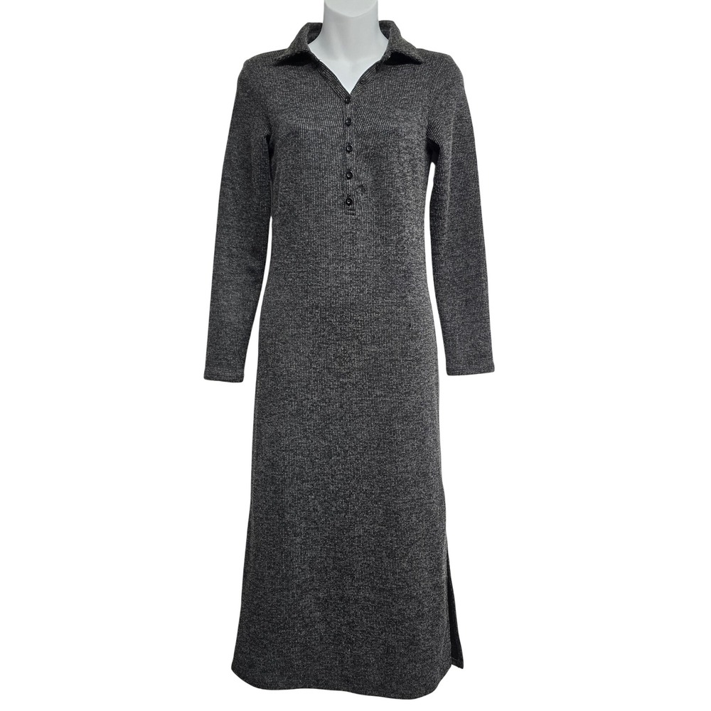 Caslon Womens Ribbed Knit Maxi Dress Charcoal Gray Polo Long Sleeve Henley XXS